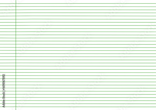 Blank notebook paper with green horizontal lines and a vertical margin on white background. Ruled notebook paper with lines for writing and note taking
