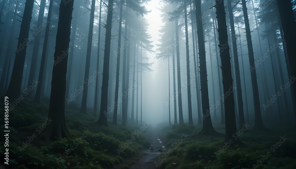 Obraz premium Misty forest trail with soft light filtering through tall trees, cinematic mood