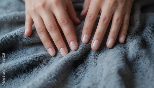 Close-up of hands touching textured fabric, tactile detail in focus