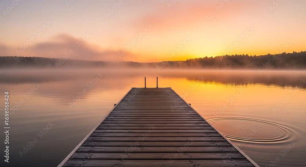 Fototapeta premium Experience the tranquility of a serene sunrise over a misty lake with a wooden pier beckoning peaceful reflection and quiet contemplation in the fresh morning air