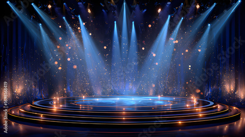 Theatrical stage or podium bathed in dramatic lighting, suggesting an event like an award ceremony, performance, or presentation. Blue stage award show flyer. Presentation concert stage spotlight