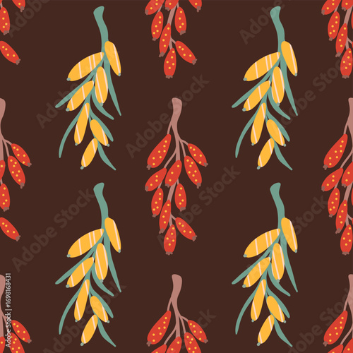 Simple seamless pattern with hand-drawn branches of autumn berries, bold decorative style on dark brown background for textile, packaging, wrapping, stationery, wallpaper, fall seasonal projects etc.