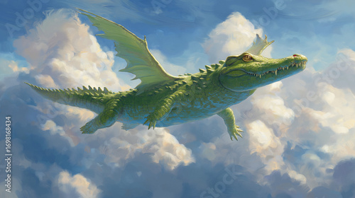 Surreal Fantasy Art of a Crocodile Flying Majestically Through the Sky. Whimsical Dreamscape with a Winged Crocodile Soaring Above the Clouds. Imaginative Artwork of a Flying Crocodile in Bright Sky