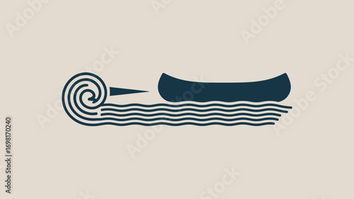 A simple illustration of a canoe on water with a spiral design representing movement and direction