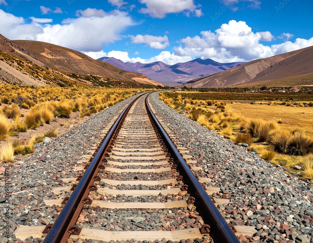 Fototapeta premium Railroad tracks stretching into a vast landscape under a vibrant sky