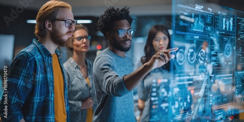 Diverse team interacting with a large interactive display screen