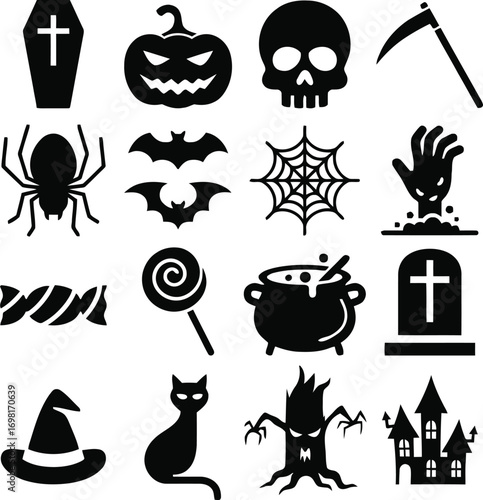 Halloween Silhouette Icon Set Spooky Black Vector Symbols Including Pumpkin, Skull, Bat, Haunted House, and Witch Elements for Seasonal Design Projects