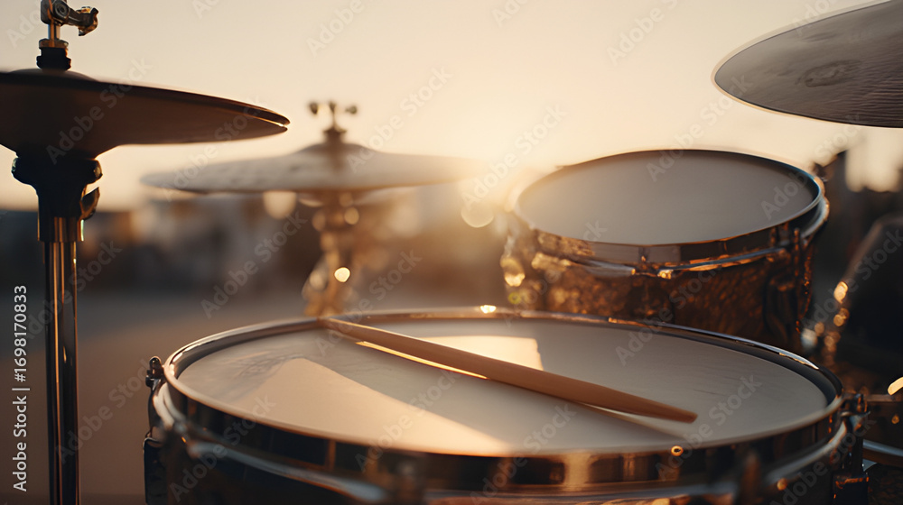 Fototapeta premium Outdoor concert steel drum music against golden sunset background. Drum set with drumsticks with a cymbal. Drum kit on the stage, Drum and drumsticks