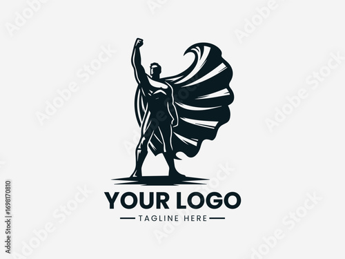 Superhero silhouette vector logo design with cape and raised strong fist pose