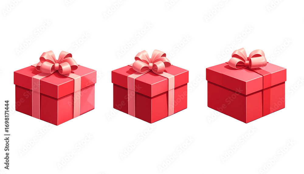 Fototapeta premium Three red gift boxes with decorative bows, arranged in a row.