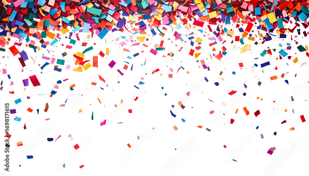 Fototapeta premium A colorful array of confetti pieces falls against a dark background, creating a festive and vibrant atmosphere.