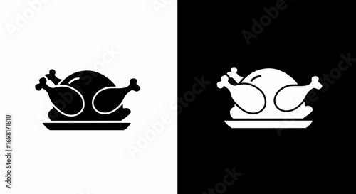 Roasted Turkey Icon Illustration Black and White Food Thanksgiving Dinner Holiday