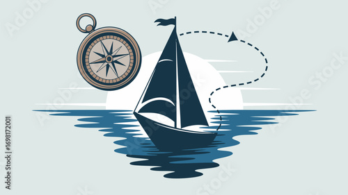 Illustration of a sailboat on the water with a compass and dotted line showing the path forward