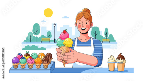 Ice Cream Delight: A cheerful vendor presents a colorful, multi-flavored ice cream cone, a sweet treat ready to brighten any day, evoking the joy of summer. 
