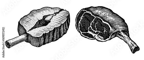 Two views of a meat cut in black and white woodblock style