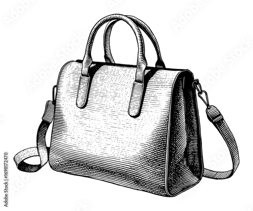 Woman's handbag in vintage engraving style, black and white