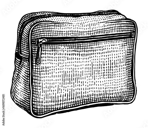 Zippered toiletry bag in a black and white woodblock print style, for travel and cosmetics