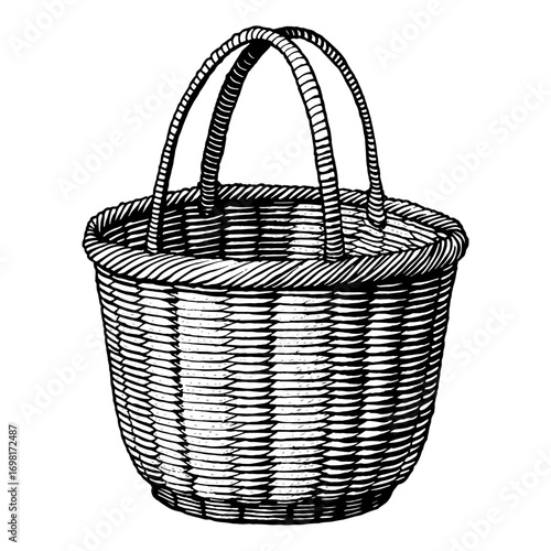 Cylindrical woven basket in woodcut style, black and white