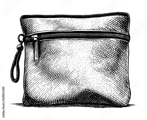 Small zippered pouch with handle in a black and white etching style, for essentials