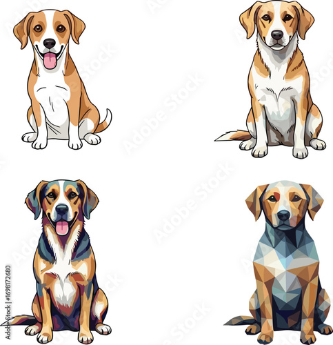 Cute dog illustrations set, sitting puppies, colorful cartoon and geometric style, pet animal vector art, friendly canine character designs