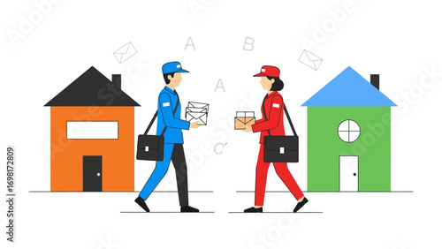 Mail Delivery at Doorstep: Illustrated postmen are passing the mail each other in front of the house. conveying the concept of reliable postal service and the delivery process.