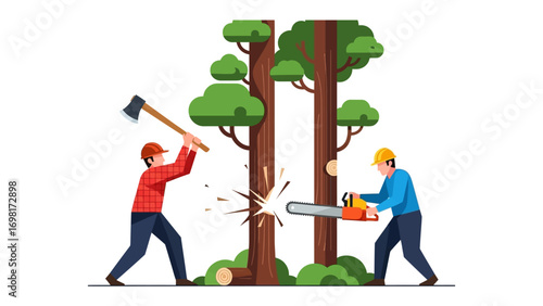 Deforestation and Lumberjacking: A graphic illustration depicts two lumberjacks working together to fell a tree, highlighting the environmental impact and forestry.