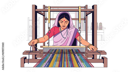Artisan Weaving: A skilled weaver meticulously works at a traditional loom, crafting a colorful textile. The scene captures the dedication to her craft and the rich cultural heritage.