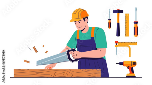 Crafting Progress: A skilled carpenter meticulously saws through a wooden plank, surrounded by essential tools of the trade, in a scene that captures dedication and craftsmanship.