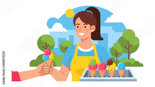 Sweet Summer Treats: A friendly vendor serves a refreshing array of colorful ice cream cones on a sunny summer day.