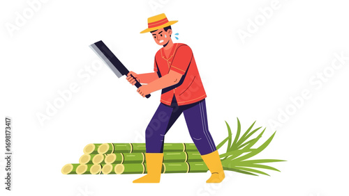 Sugarcane Harvesting: An agricultural worker, wielding a large blade, focuses on the task of cutting sugarcane stalks, showcasing the hard work involved in harvesting