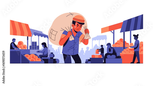 Market Life: A bustling marketplace scene unfolds, capturing the essence of daily commerce and community interaction. A figure carries a large sack, amidst other vendors and customers.