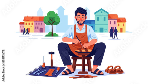 Artisan Craftsmanship: A dedicated artisan meticulously crafts leather footwear, embodying traditional artistry and skill in a charming urban setting.