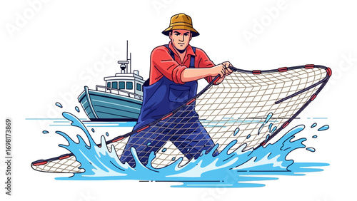 The Fisherman's Haul: A hardworking fisherman stands steadfast in the sea, casting his net with determination, a vessel in the distance ready to gather the day's catch.