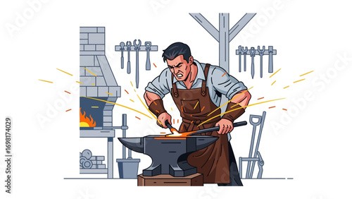 Forging the Future: A skilled blacksmith intensely working in his workshop, hammering a piece of metal on the anvil. Witness the creation process.