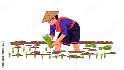 Harmony of Harvest: A dedicated agricultural worker meticulously plants young rice shoots in a flooded paddy field, symbolizing the essence of rural life and sustainable agriculture.