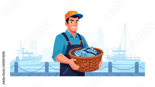 Fisherman and Fresh Catch: A cheerful fisherman, his attire reflecting his trade, holds a basket brimming with the day's fresh catch near the harbor's edge.