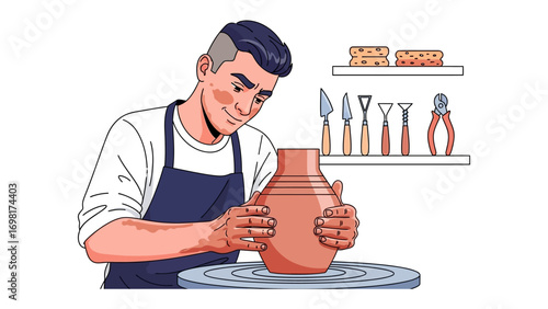 Artisan Shaping Elegance: An artisan passionately molds a clay vessel, the epitome of craftsmanship and creative focus, within the setting of tools and a pottery. 