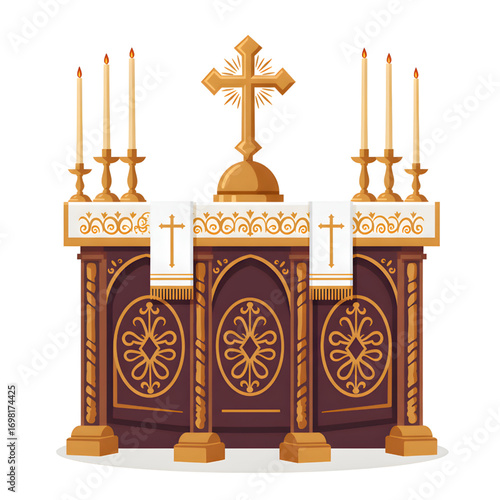 Vector illustration of an Orthodox church altar with communion elements (aparaka wine and eucharist bread)