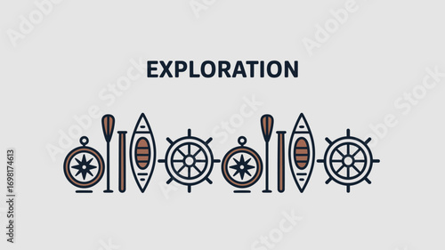 Illustration featuring exploration themed icons including compass boat wheel and paddle on a light background