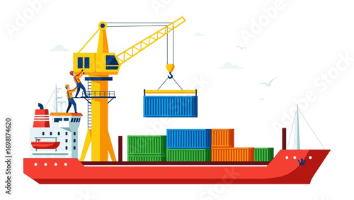 Global Trade and Logistics: A stylized illustration showcases a cargo ship being loaded at a bustling port. Containers are lifted by a crane.