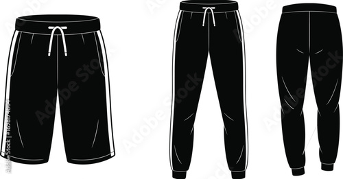 Black sports shorts and jogger pants flat vector set, front and back view, athletic wear illustration, modern fashion activewear design, casual sport clothing template