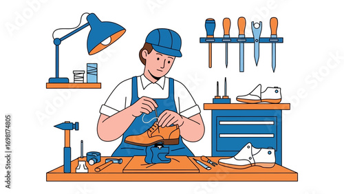 Artisan's Craft: A skilled craftsperson meticulously repairs footwear in a well-lit workshop, showcasing the art of restoration.