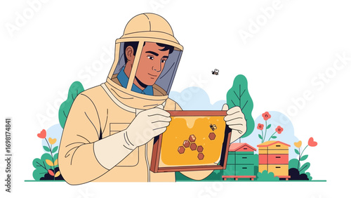 Beekeeper and Honeycomb: A dedicated beekeeper, clad in protective gear, carefully examines a honeycomb, showcasing the intricate structures and the golden nectar within.