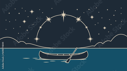 A serene night scene with a canoe on the water under a starry sky and a celestial arc above it all