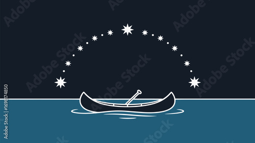 A white outline of a canoe on water under a dark sky with a semi circle of white stars above it