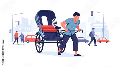 Pedicab in Street: A vibrant street scene captures a manual rickshaw in motion, propelled by a dedicated puller against a backdrop of urban life.
