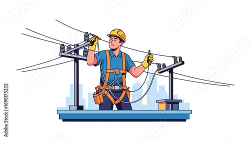 Power Line Technician: A skilled technician, equipped with a safety helmet and tools, works diligently to maintain the intricate network of power lines, ensuring the smooth delivery of electricity.