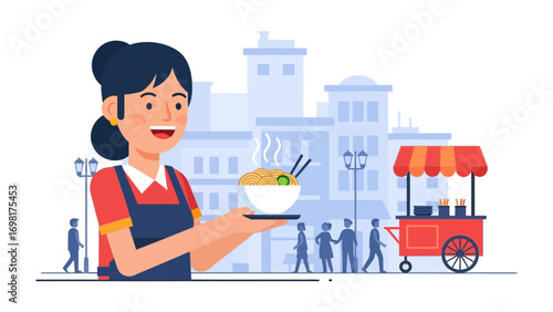 Street Food Delight: An illustration shows a cheerful vendor presenting a steaming bowl of delicious noodles, with the backdrop of an urban city bustling with life.