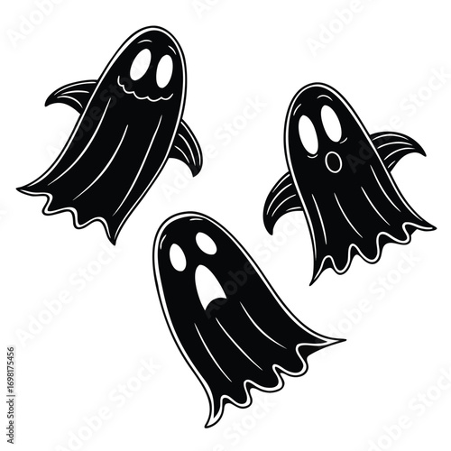 Ghost Halloween horror set line art silhouette vector illustration.