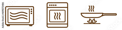 Cooking type icons isolated on transparent background. Symbols show food preparation in frying pan, microwave and oven. Perfect for packaging instructions, meal prep, kitchen and household themes.
